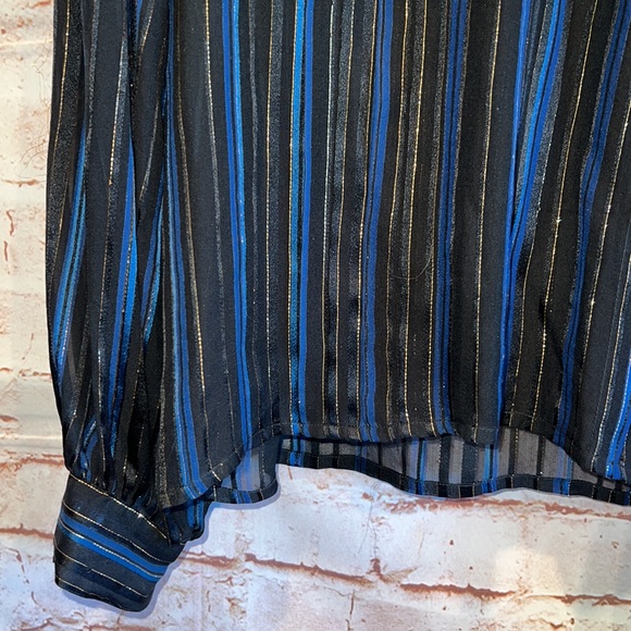 John Yang Shirt Womens 12 Blue Black Striped Long Sleeve Blouse Ruffle High Neck - Picture 3 of 12